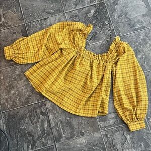 SELECTED FEMME Plaid Boho Coquette Ruffled Babydoll Puff Sleeve Peasant Top